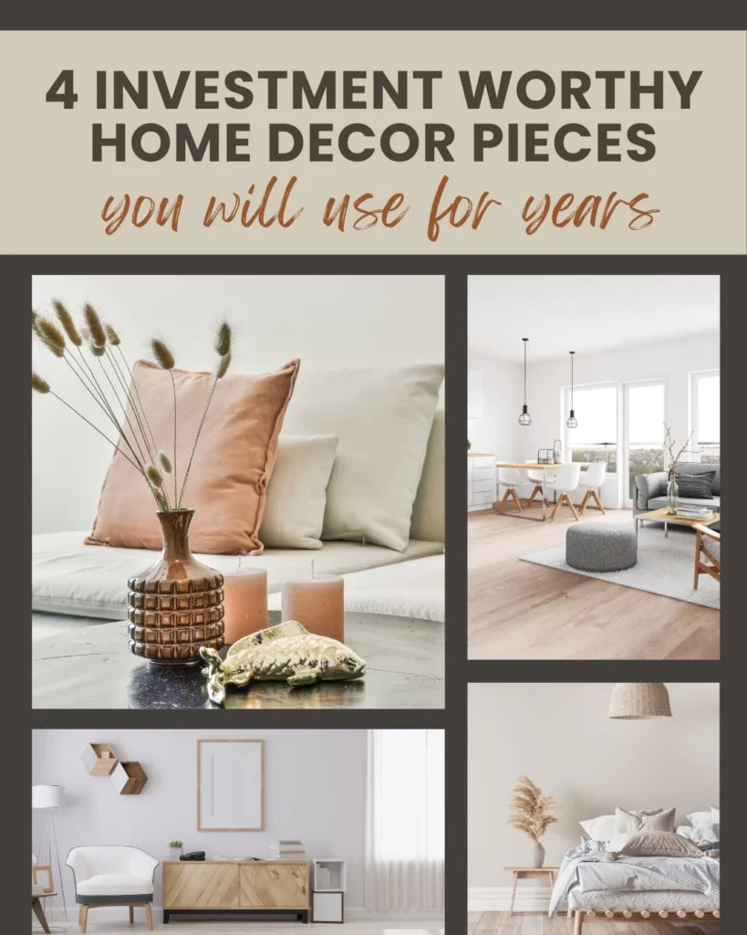 Four home interior photos showcasing neutral decor with beige tones, modern furniture, and minimalist design elements