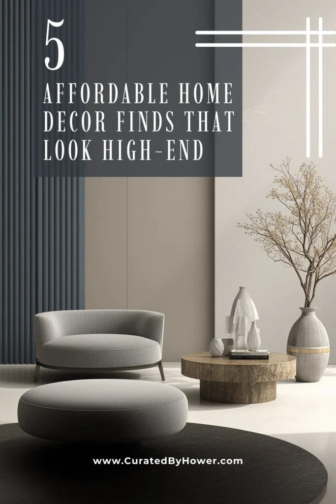 Minimalist living room with curved gray sofa, natural wood coffee table, and neutral tones for affordable luxury decor