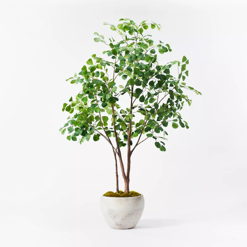 Realistic artificial fiddle leaf fig tree in white ceramic pot against white background