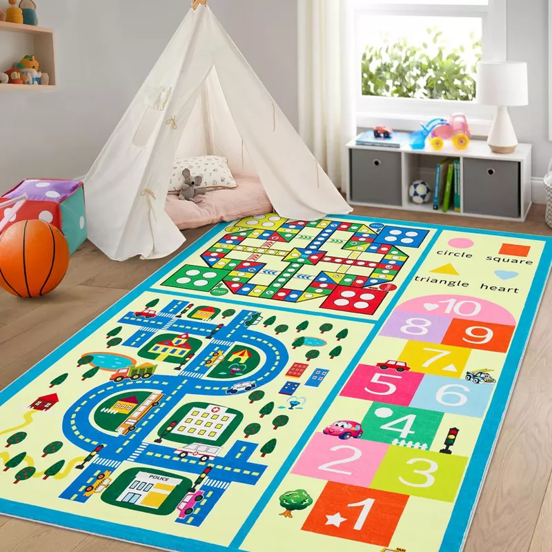 Colorful kids playroom rug with roadway map, hopscotch game, and educational numbers in modern play space with teepee