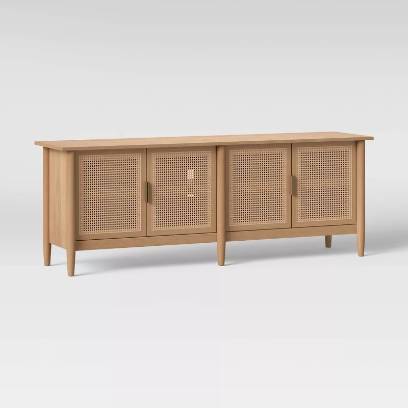 Natural wood sideboard with cane door panels and tapered legs for dining room storage