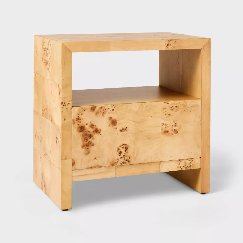 Burl wood nightstand with open shelf and single drawer in natural light finish