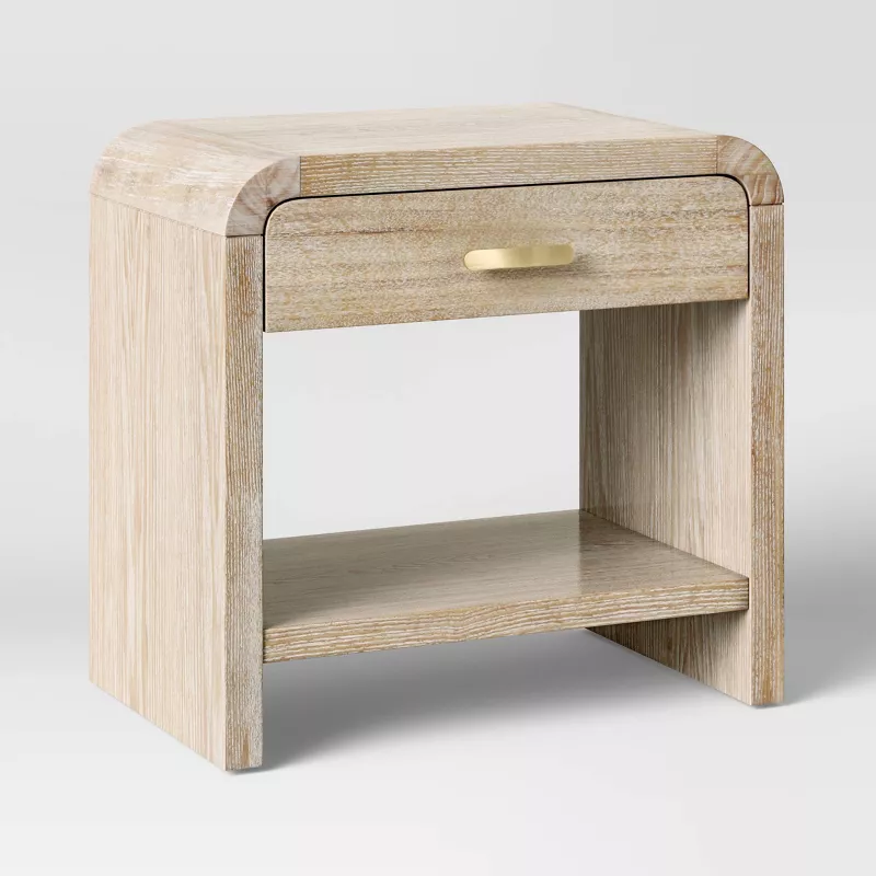 Zebrina wood nightstand with single drawer and open shelf in natural light wood finish