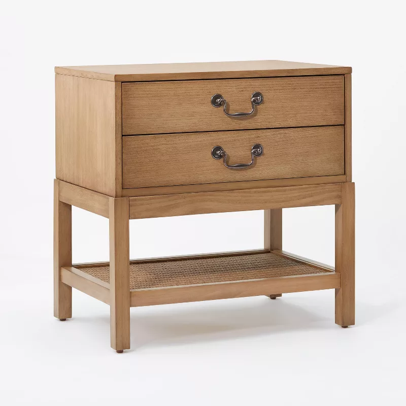 Natural wood two-drawer nightstand with metal handles and lower shelf from Target bedroom collection