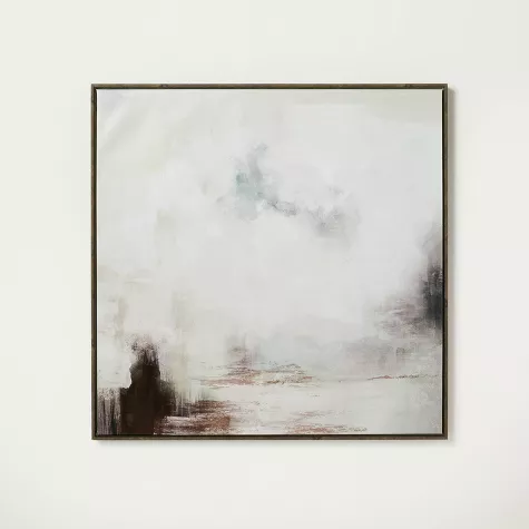 Abstract framed canvas art with soft gray, white, and brown brushstrokes in minimalist style