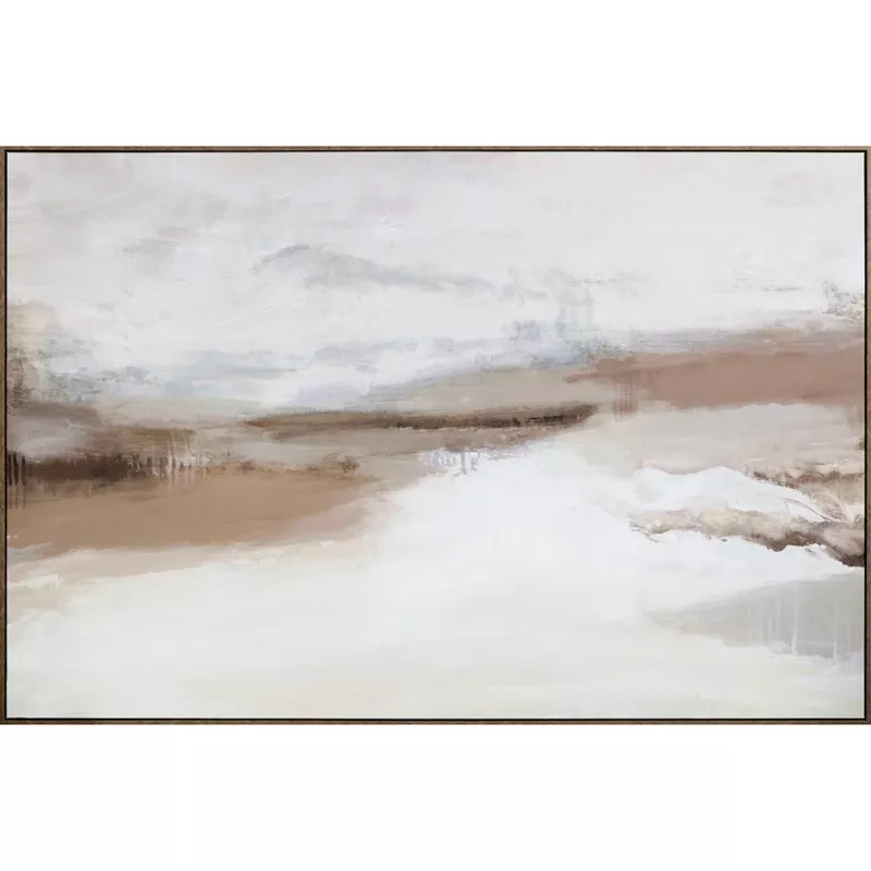 Abstract landscape painting with brown and white tones depicting serene horizon in silver frame
