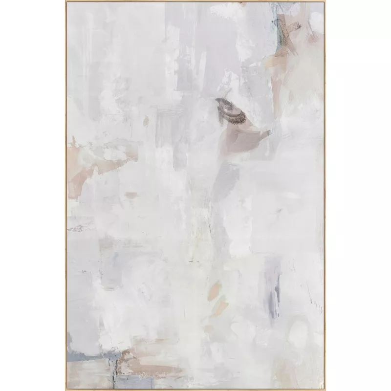 Tonal abstract framed canvas with soft white, gray, and beige brushstrokes in silver frame