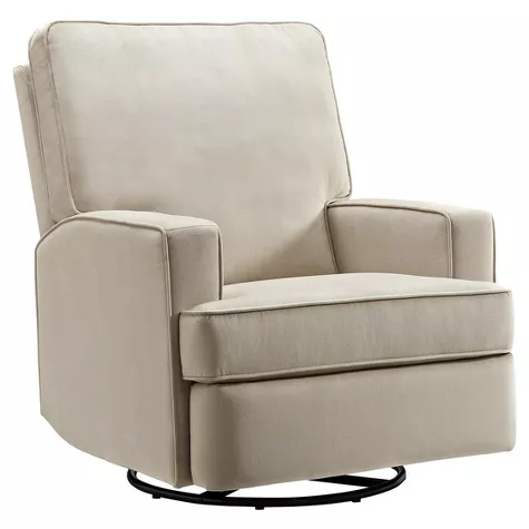 Beige swivel glider recliner nursery chair with cushioned armrests on white background