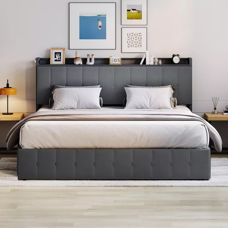 Modern gray upholstered storage bed with tall headboard shelf, white bedding, and decorative pillows in minimalist bedroom