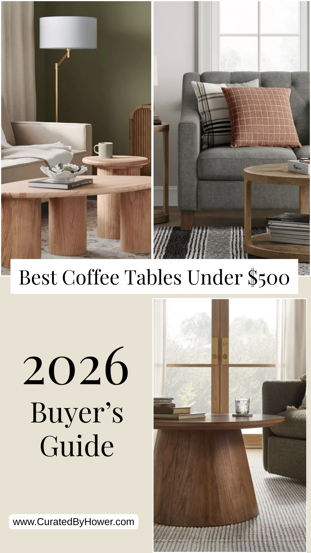 Stylish modern coffee tables in neutral living room settings showcasing affordable furniture options under $500