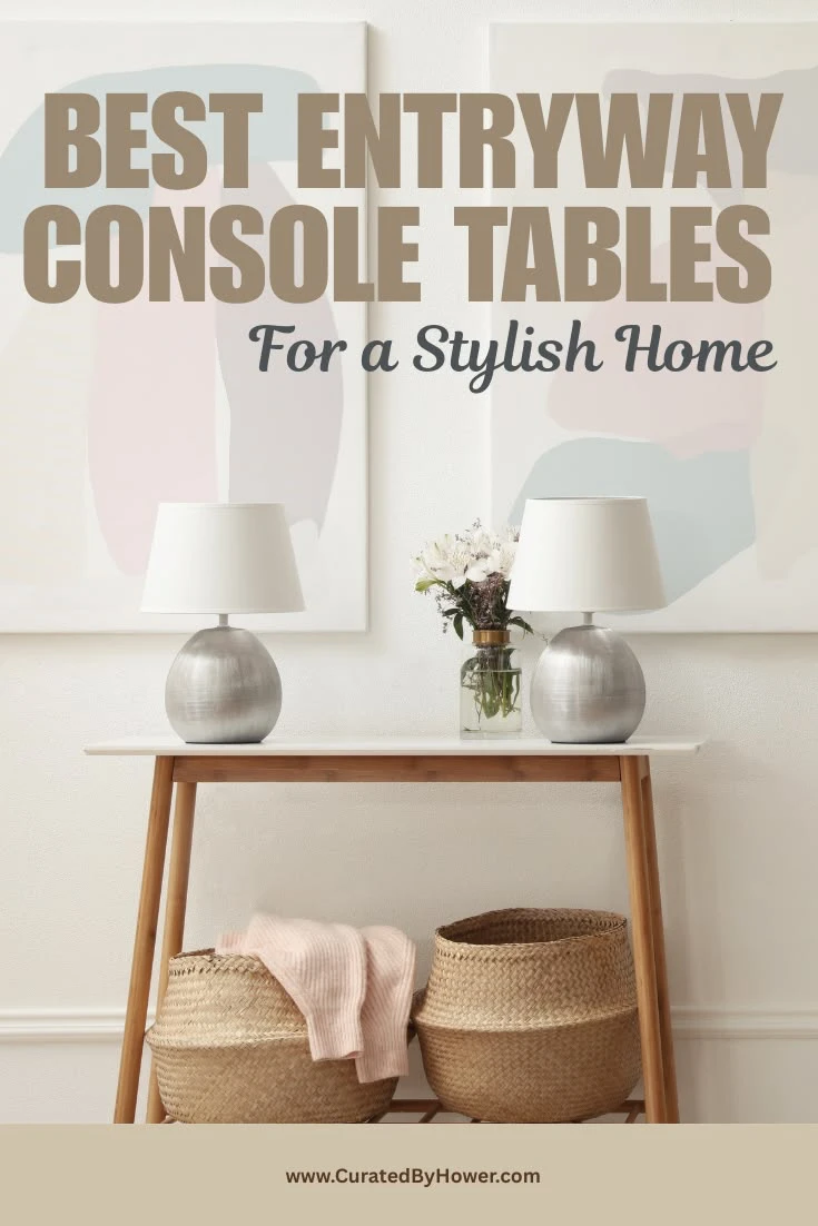 Modern entryway console table with white lamps, vase, and woven baskets on lower shelf against neutral wall