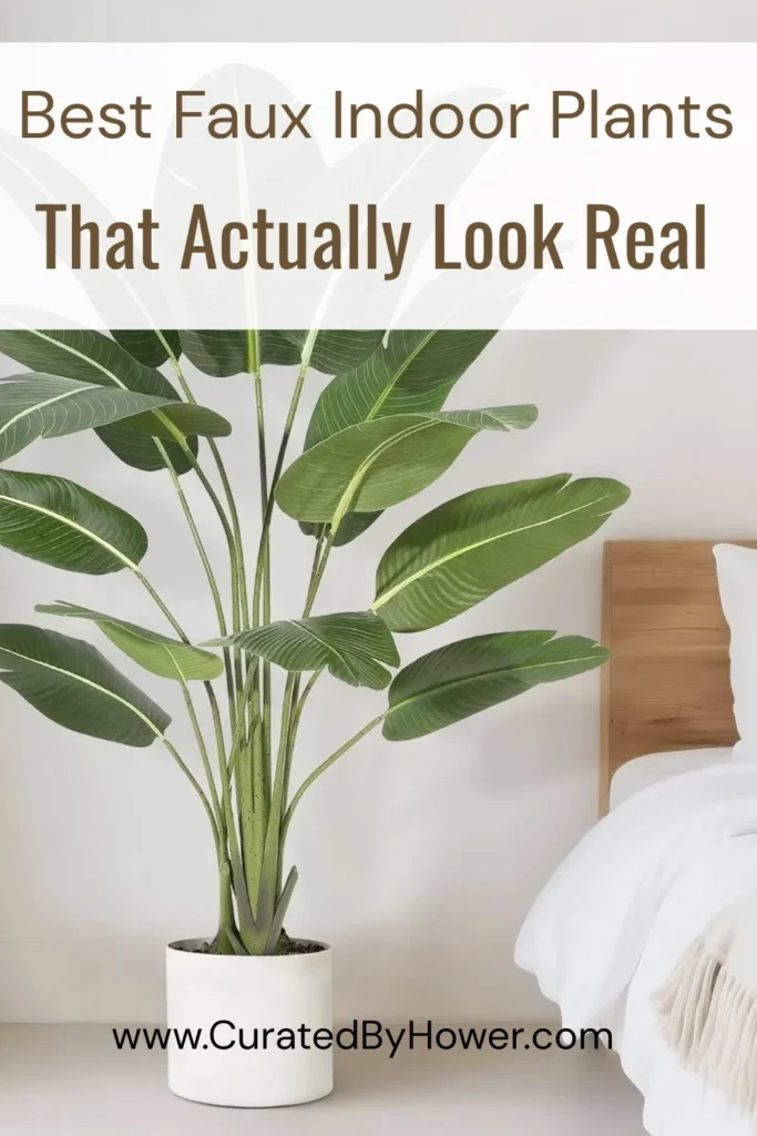 Realistic faux indoor plant in white pot next to wooden blocks against white wall