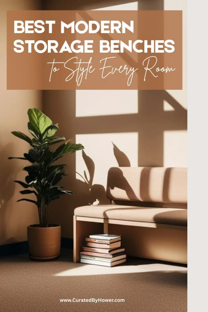 Modern minimalist entryway with storage bench, fiddle leaf fig plant, stacked books and warm natural lighting
