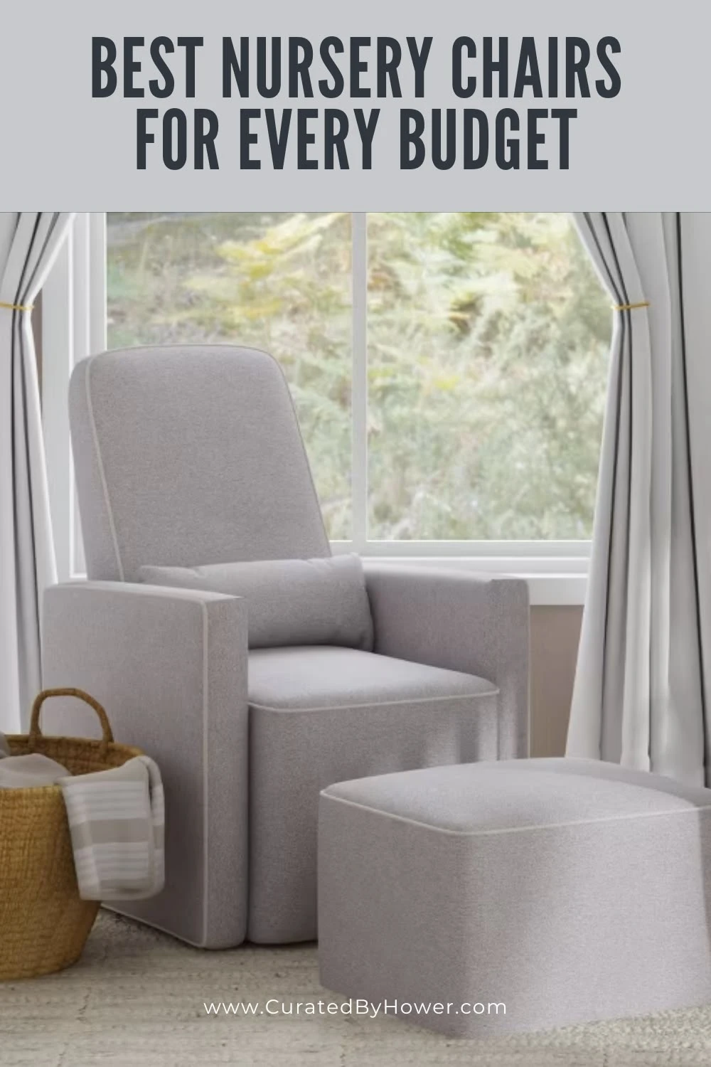 Gray upholstered nursery glider chair with matching ottoman and footstool in bright white room with woven basket