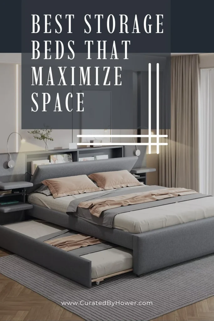 Modern gray platform bed with pull-out storage drawers in minimalist bedroom with neutral decor