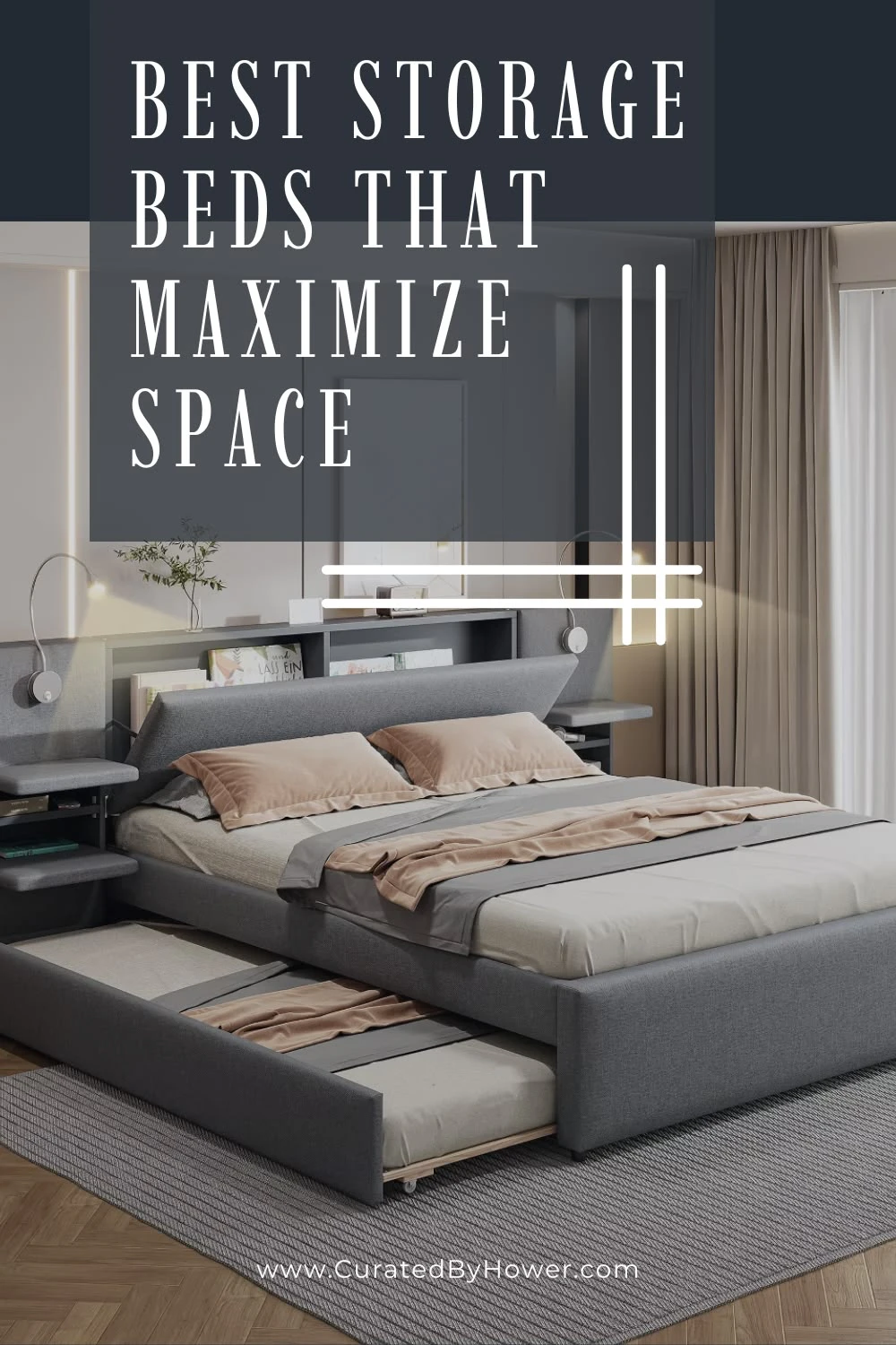 Modern gray platform bed with pull-out storage drawers in minimalist bedroom with neutral decor