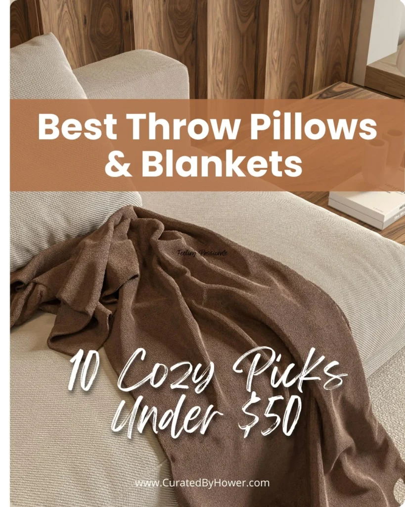 Cozy brown throw blanket draped over white bedding with decorative pillows on bed with wooden headboard