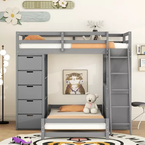 Gray loft bed with built-in storage stairs, desk area, and pull-out trundle bed in modern kids bedroom