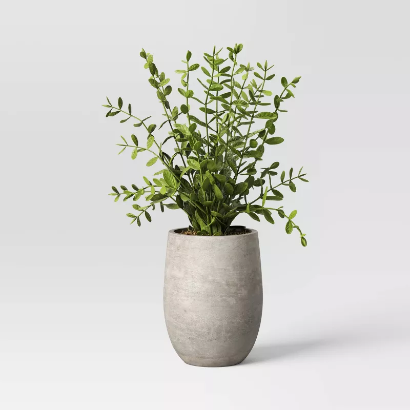 Realistic faux greenery plant with delicate leaves in modern gray concrete pot from Target