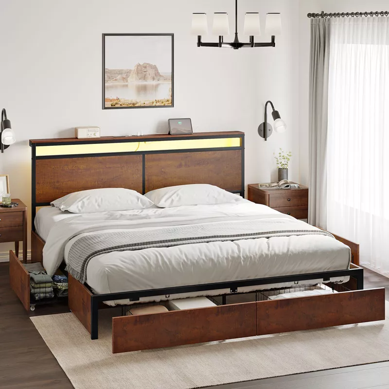 Modern platform bed with storage drawers in walnut finish and upholstered headboard in contemporary bedroom