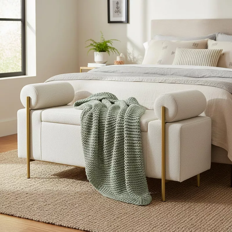 Modern upholstered storage bench with gold legs and sage green throw blanket at foot of bed