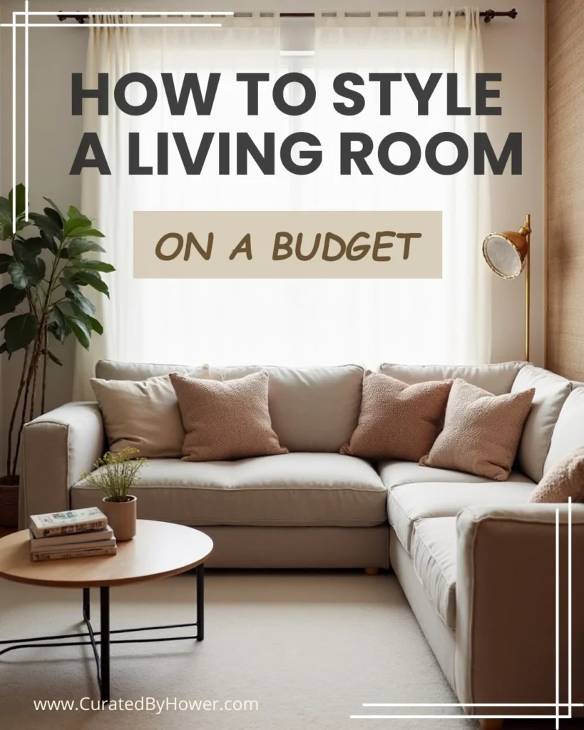 Modern living room with beige sectional sofa, brown pillows, and budget-friendly decor styling tips