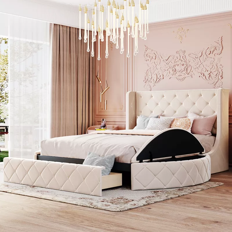 Elegant pink and white upholstered storage bed with built-in drawers in luxurious bedroom setting