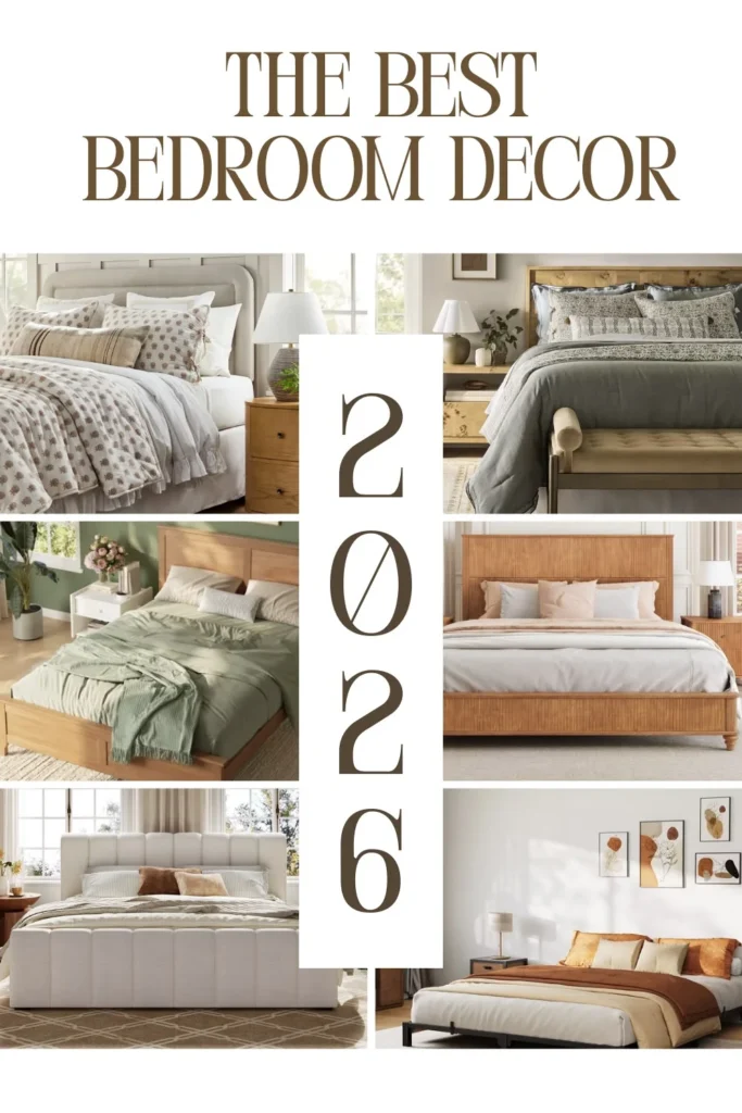 Collection of modern bedroom decor featuring beds, nightstands, and neutral bedding from Target's 2026 collection