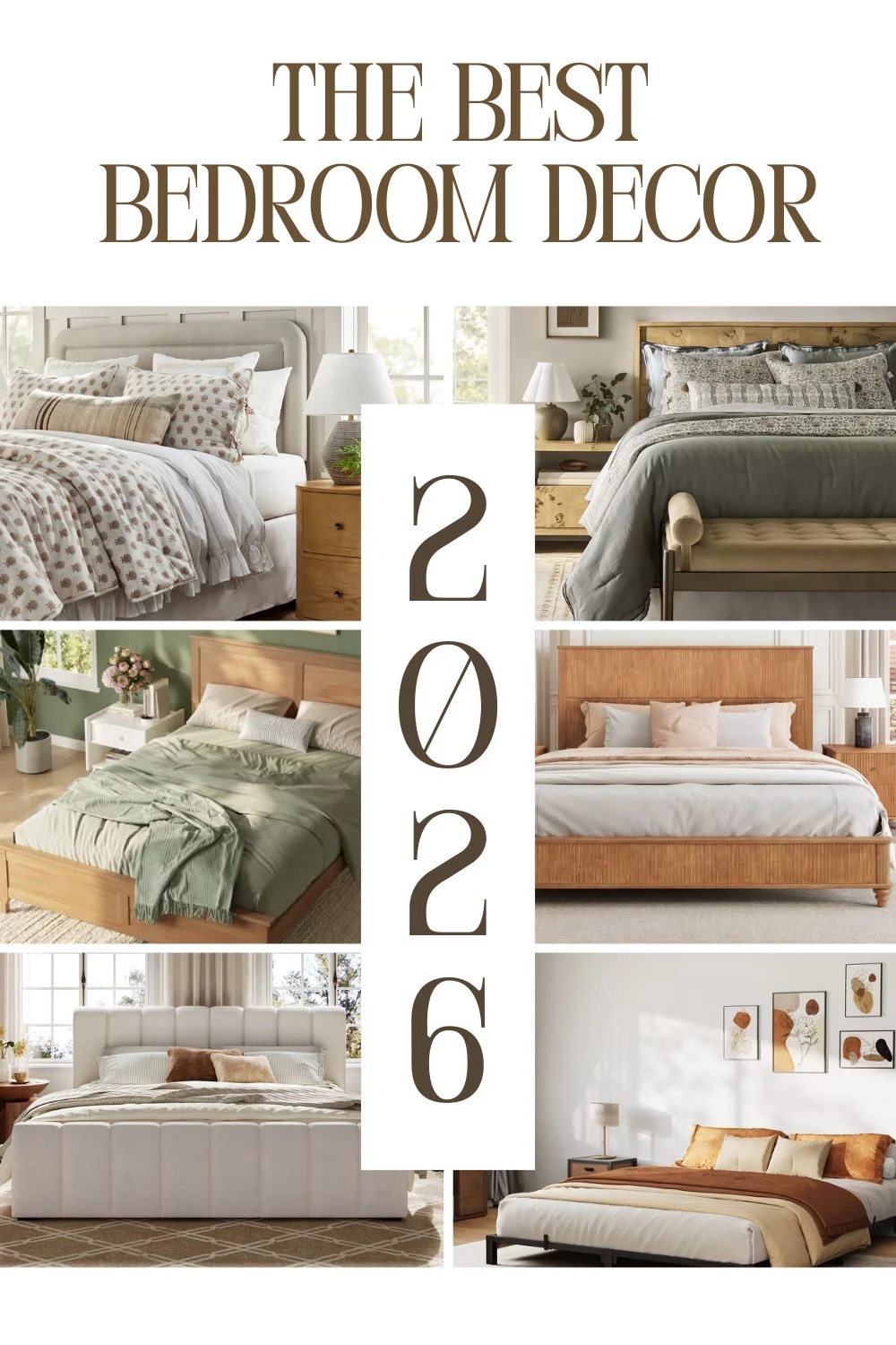 Collection of modern bedroom decor featuring beds, nightstands, and neutral bedding from Target's 2026 collection