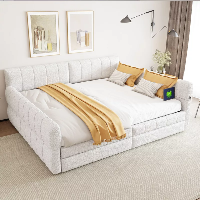 White upholstered storage bed with drawers, gold accent pillows and runner in modern bedroom setting