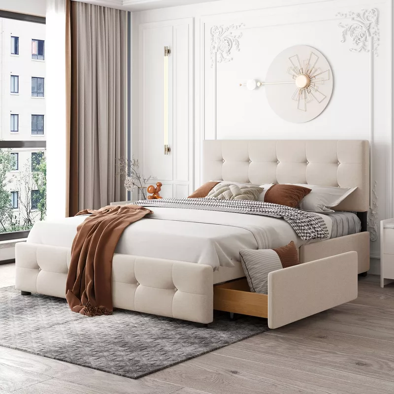 Beige upholstered platform bed with storage drawers and tufted headboard in modern bedroom with gray rug