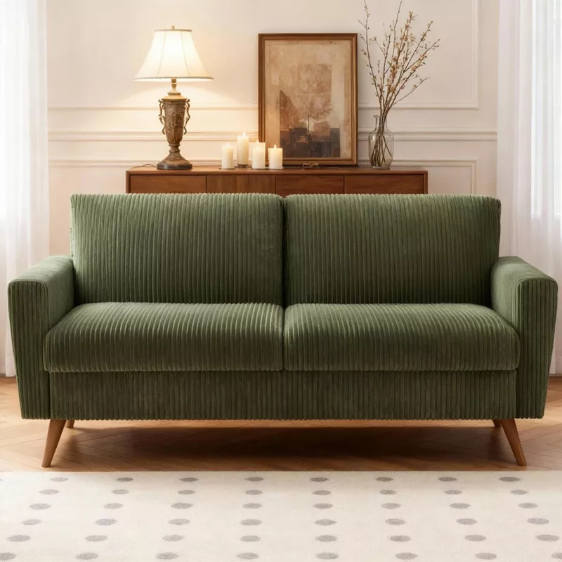 Green velvet sofa with wooden legs in modern living room with neutral decor and table lamp