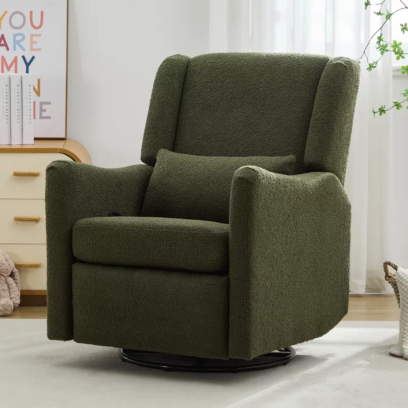 Olive green swivel glider recliner nursery chair in modern living room setting
