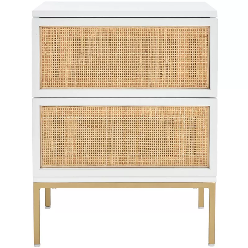 Zadie 2 Drawer Rattan Nightstand with White Frame and Natural Woven Cane Front on Gold Legs