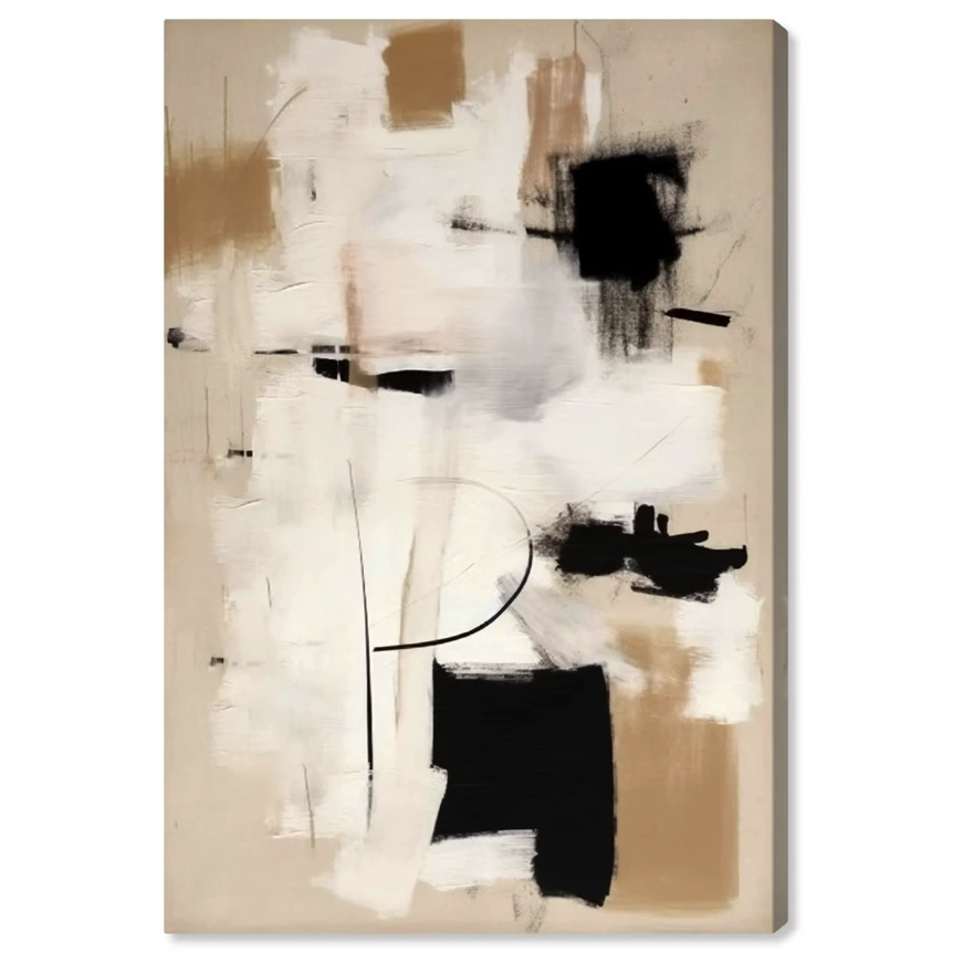 Abstract neutral canvas art with black, white, and beige brushstrokes for modern home decor