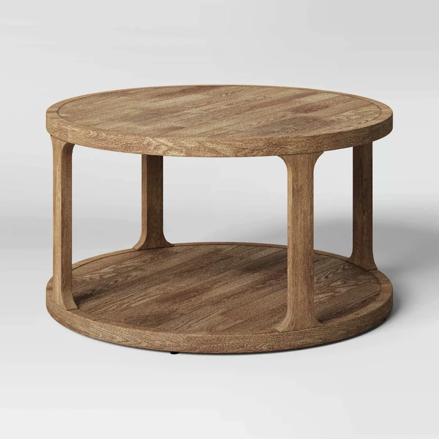 Round wooden two-tier coffee table with natural brown finish and cylindrical support legs
