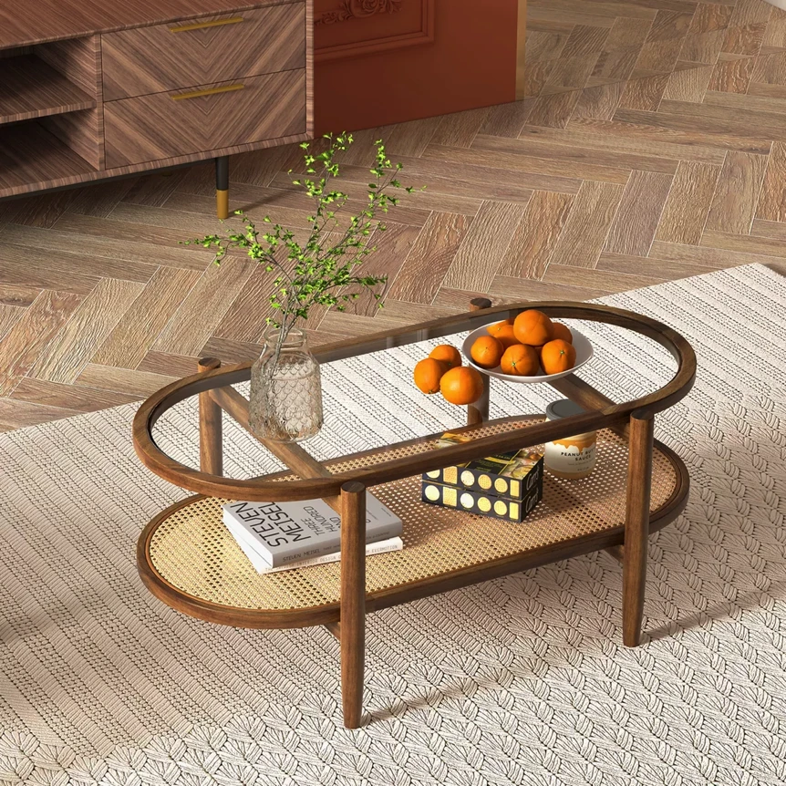 Costway 2-tier oval coffee table with wooden frame, glass top, and woven rattan shelf in modern living room