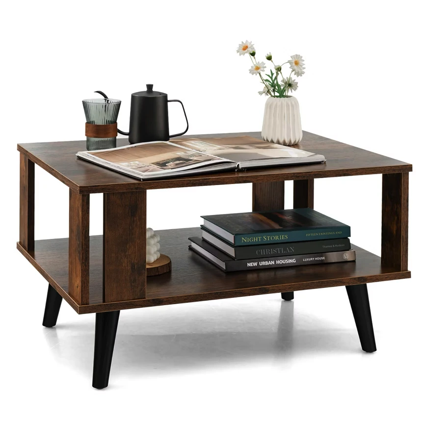Retro mid-century coffee table with wooden frame, lower shelf, and decorative items including books, teapot, and flowers