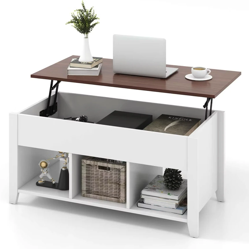 Costway lift top coffee table with raised wooden surface, hidden storage compartment, and white base shelving unit