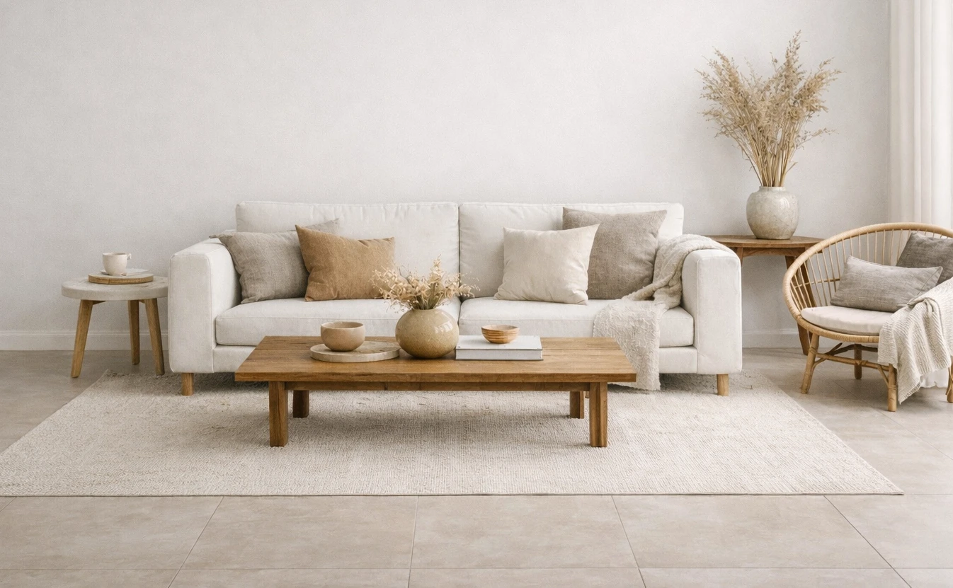 Modern living room with white sofa and wooden coffee table