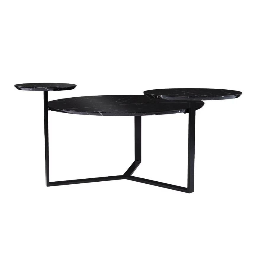 Black marble multi-level coffee table with modern metal frame and asymmetric design