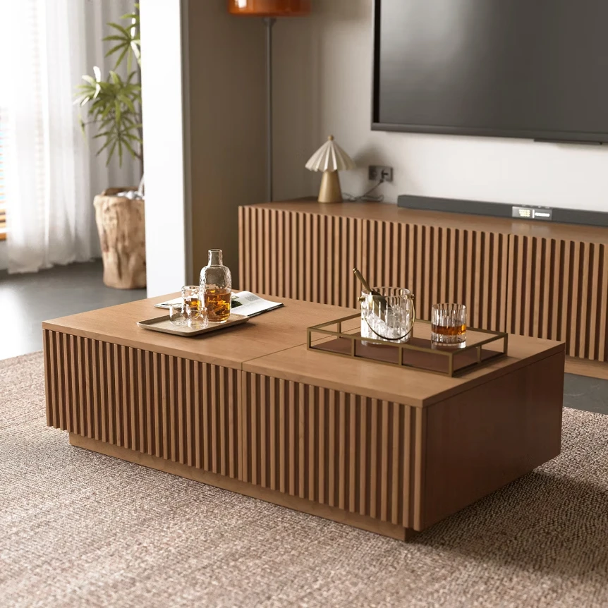 Modern wooden coffee table with vertical slat design in contemporary living room with media console