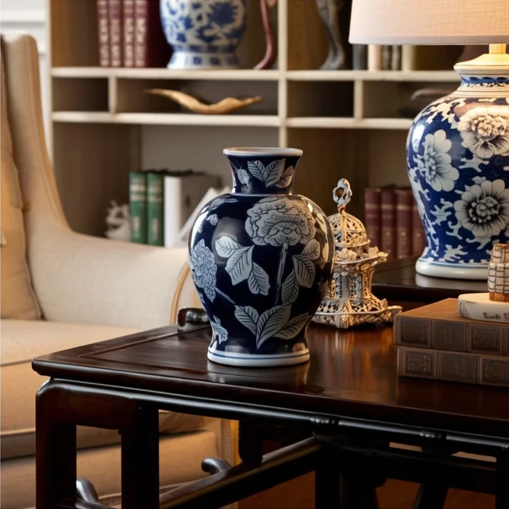 Blue and white ceramic vases displayed on black lacquered table with shelving unit in background