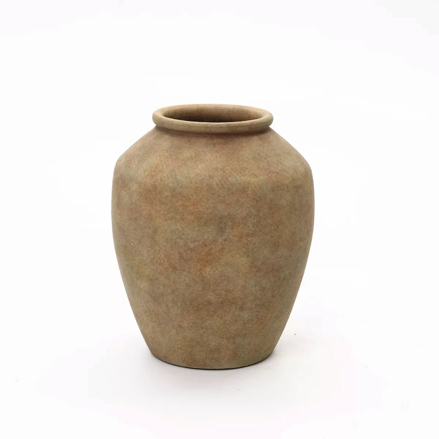 Ancient-inspired beige ceramic vase with weathered finish and classic urn shape for elegant neutral home decor
