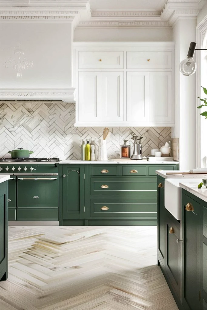 two-tone kitchen with forest green lower cabinets and white upper cabinets with brass hardware