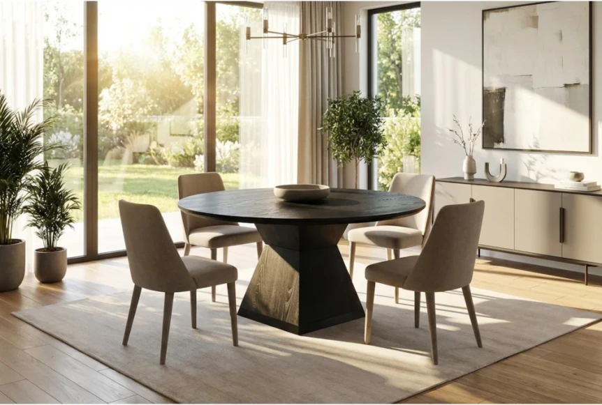 Modern dining room with round black table, upholstered chairs, and large windows overlooking outdoor view