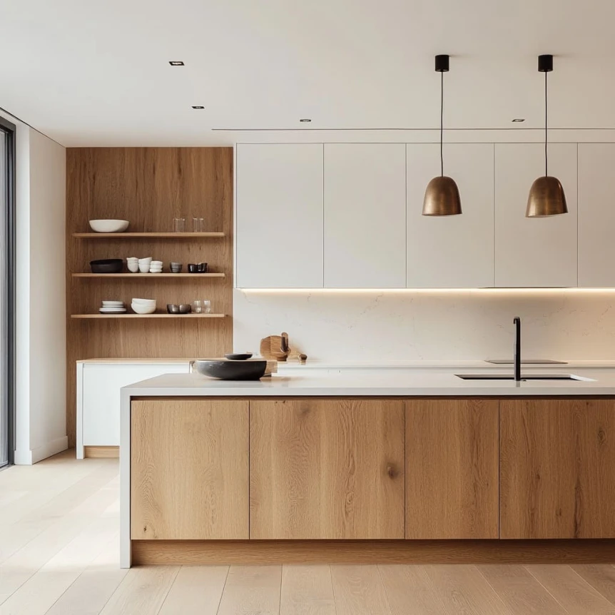 A Monochrome Meets Warmth in a Minimalist Oak and White Kitchen
