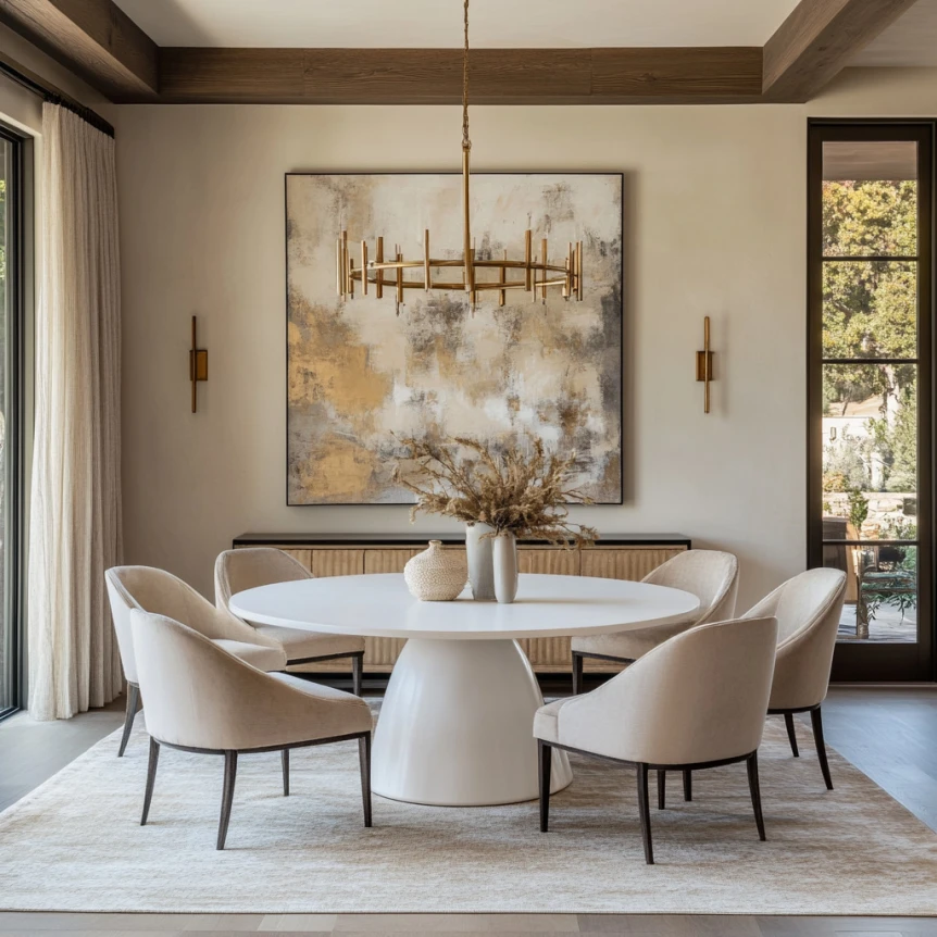 An eye catching dining area features clean lines and a reflective glass table giving it a modern minimalist vibe