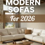Modern beige sectional sofa with wooden coffee table in minimalist living room showcasing 2026 furniture trends