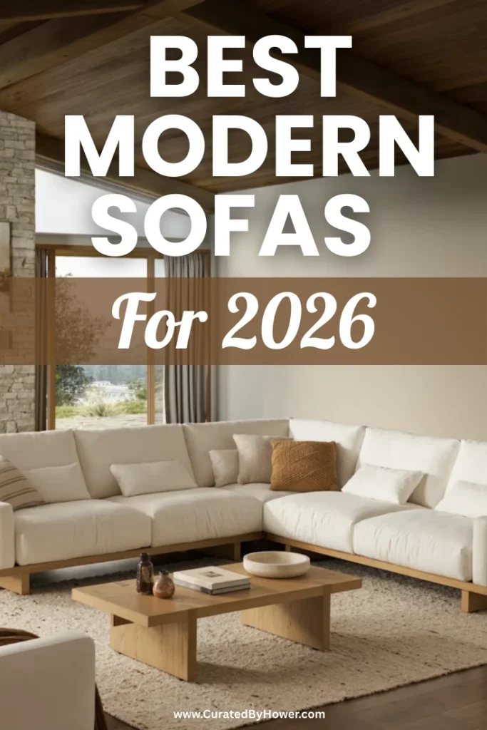 Modern beige sectional sofa with wooden coffee table in minimalist living room showcasing 2026 furniture trends